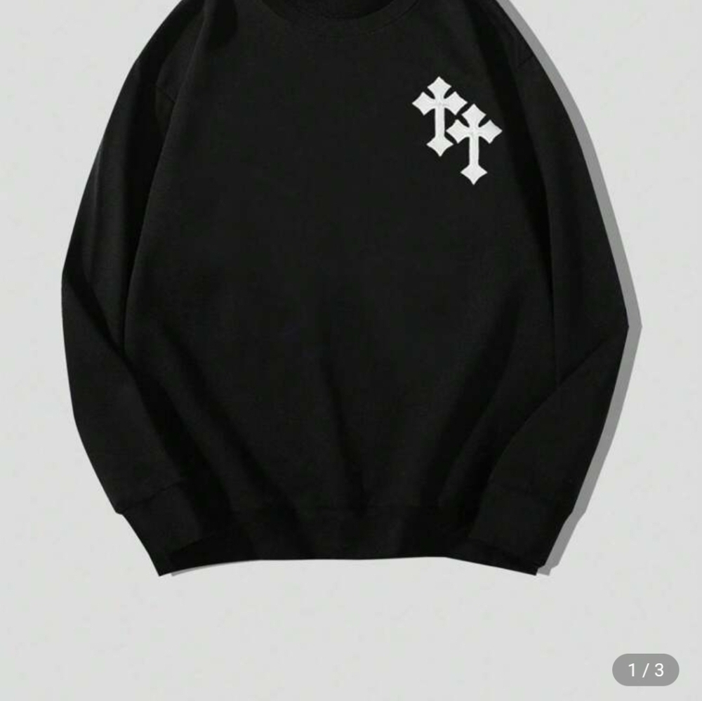 ROMWE MEN Goth Men Cross Embroidery Round Neck Sweatshirt